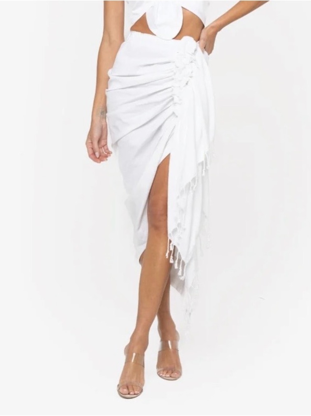 White Tulum Ruched Fringe Women's Asymmetrical Skirt